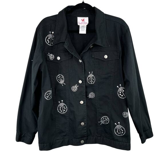 Quacker Factory Black Denim Ladybug Rhinestone Embellished Button Jacket Large - Picture 1 of 14
